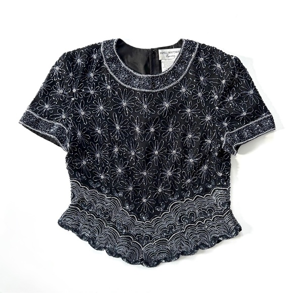 Papell Boutique Tops - Papéll Boutique Black Silk Daisy Floral Intricate Beaded Short Sleeve Party Top